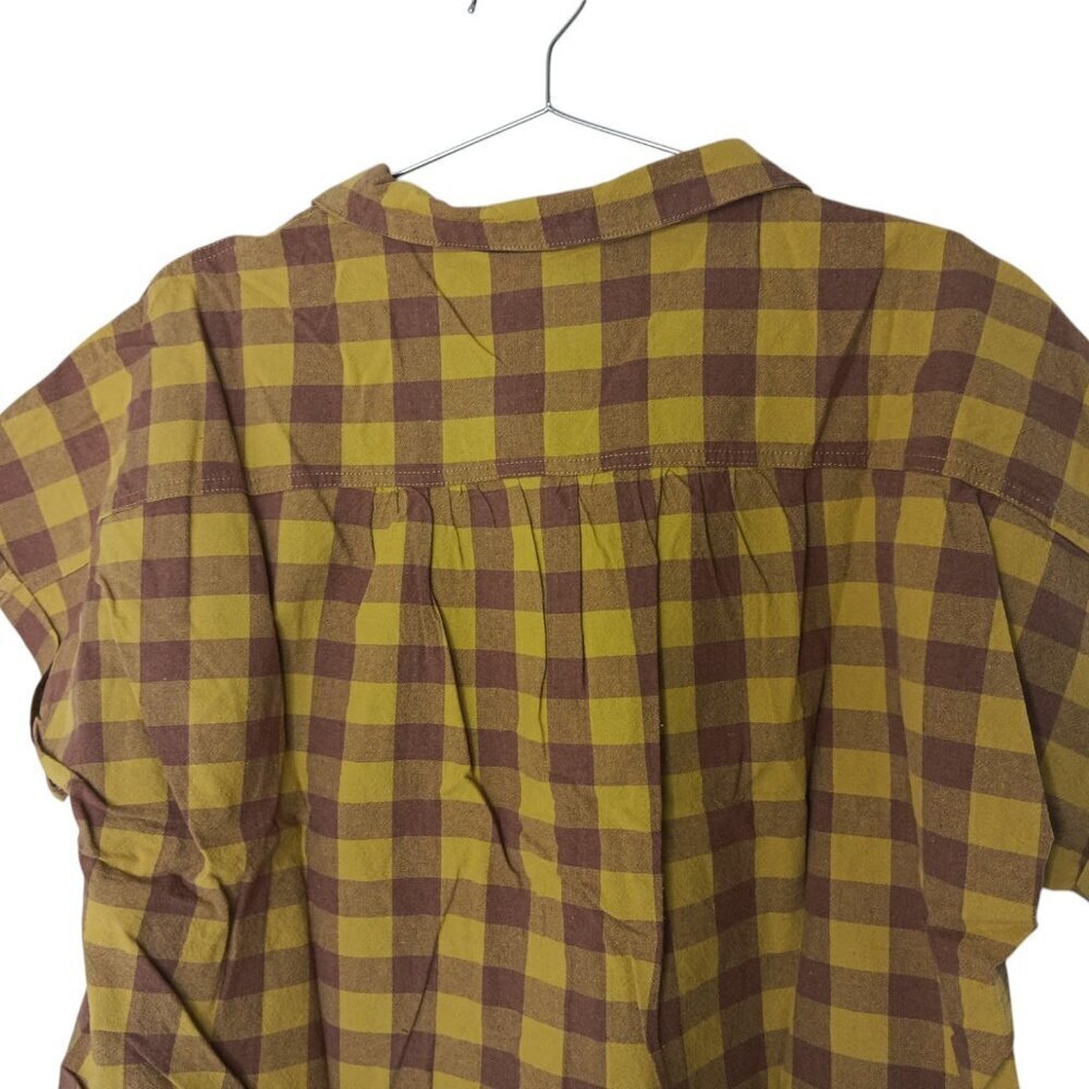 New Easel Mustard Gingham Plaid Cropped Button Front Shirt S-L 100% Cotton - Picture 9 of 13